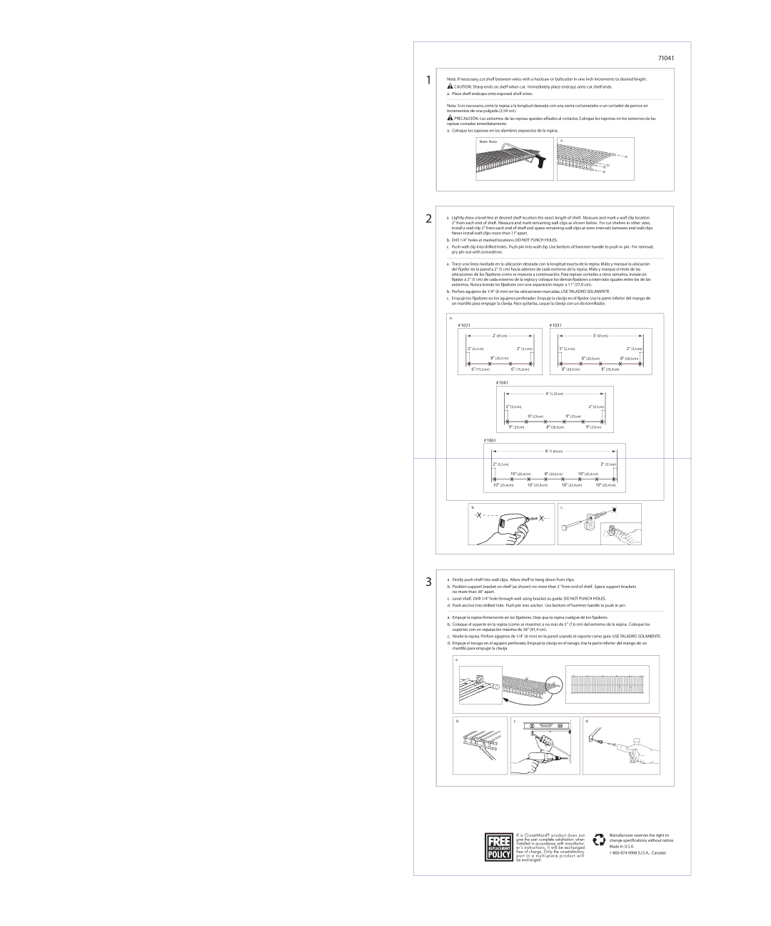 Closet Maid 71041 specifications Policy, #1031, #1041, #1061 