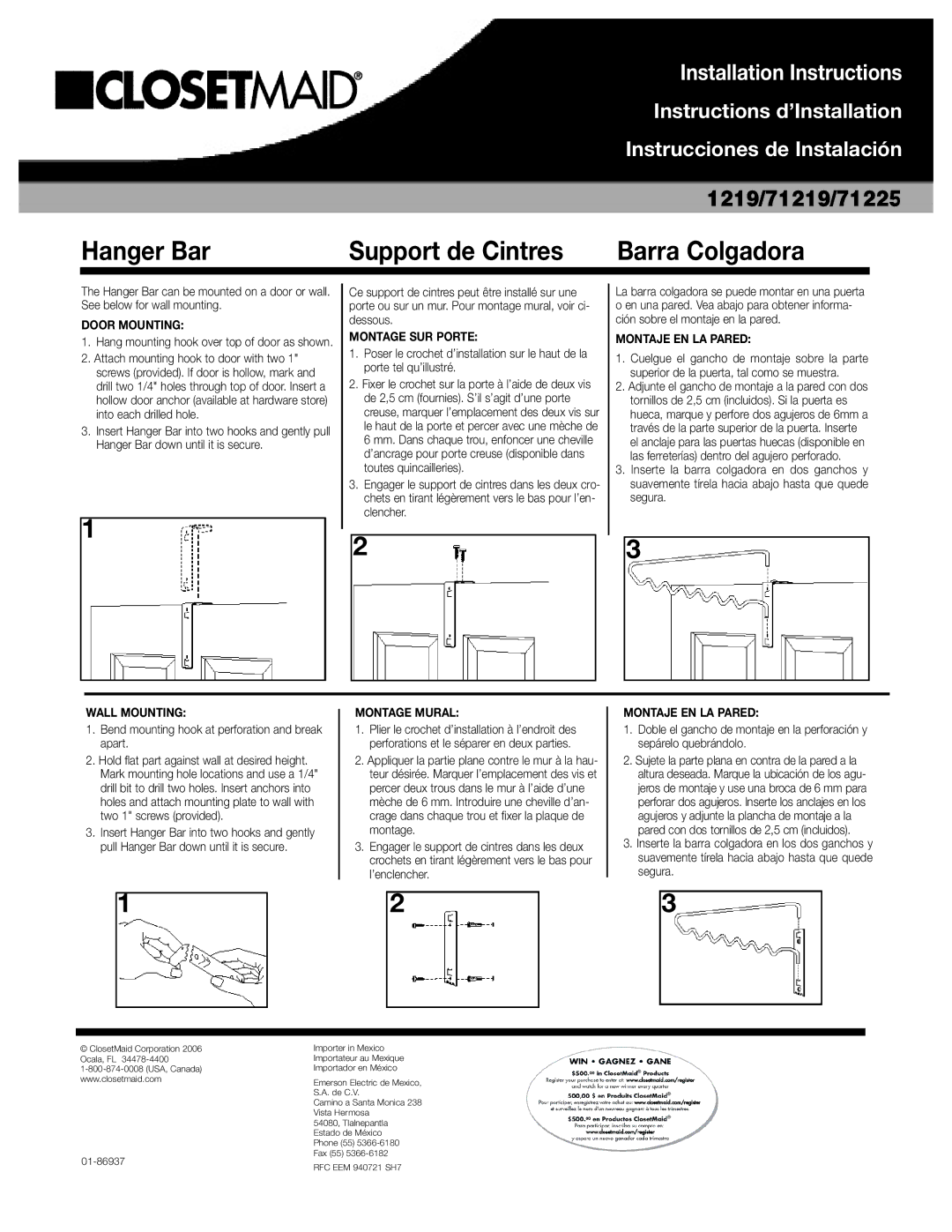 Closet Maid 71219, 71225 installation instructions Hanger Bar Support de Cintres Barra Colgadora 