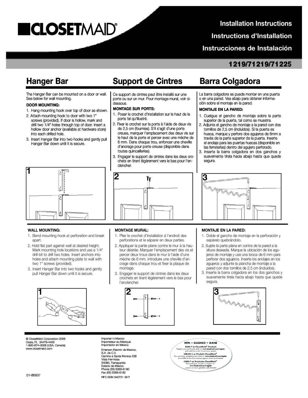 Closet Maid 71219 installation instructions Hanger Bar, Support de Cintres, Barra Colgadora, Installation Instructions 