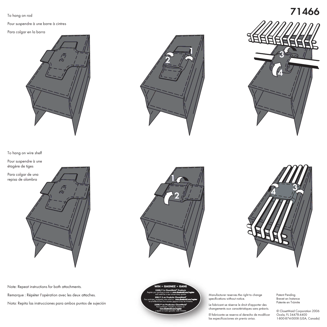 Closet Maid 71466 specifications Patente en Trámite, Ocala, FL, Las especificaciones sin previo aviso 