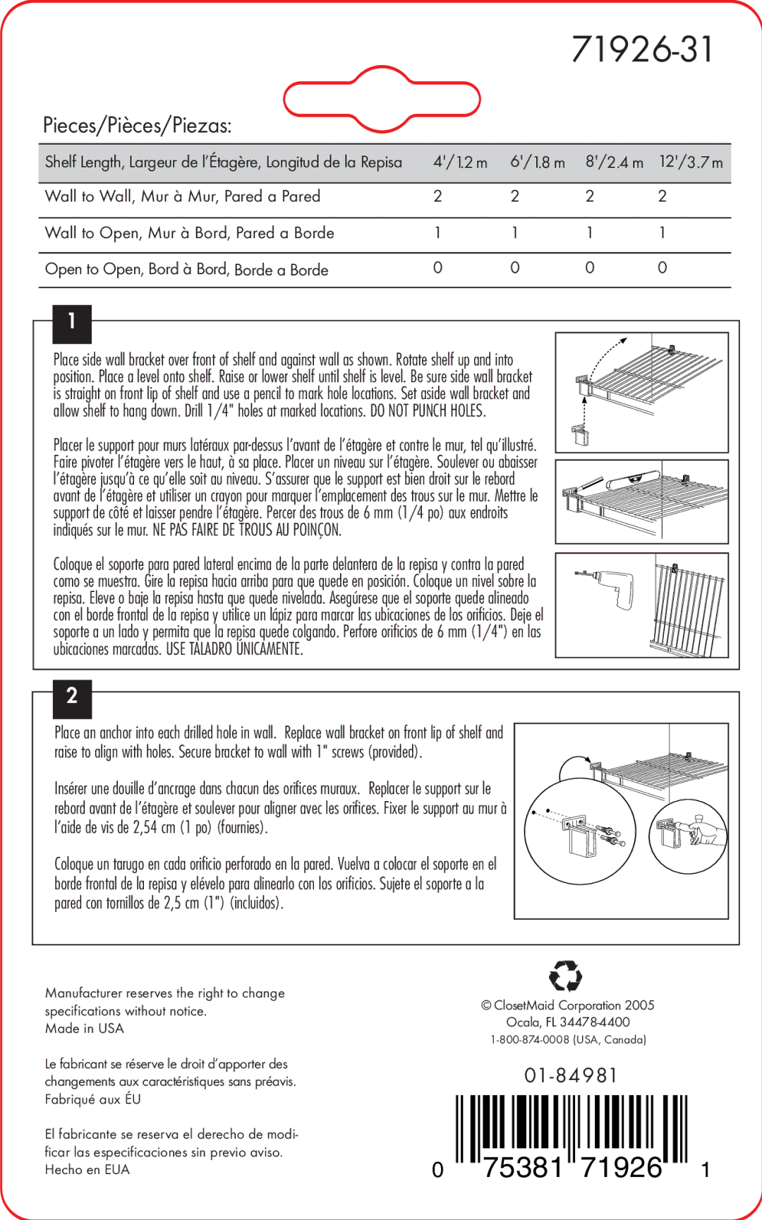 Closet Maid 71926-31 specifications Pieces/Pièces/Piezas 