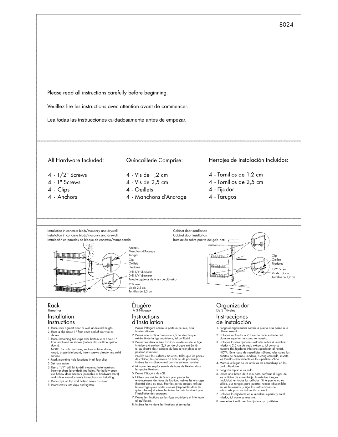 Closet Maid 8024 installation instructions Rack, Installation Instructions, Étagère, Instructions d’Installation 