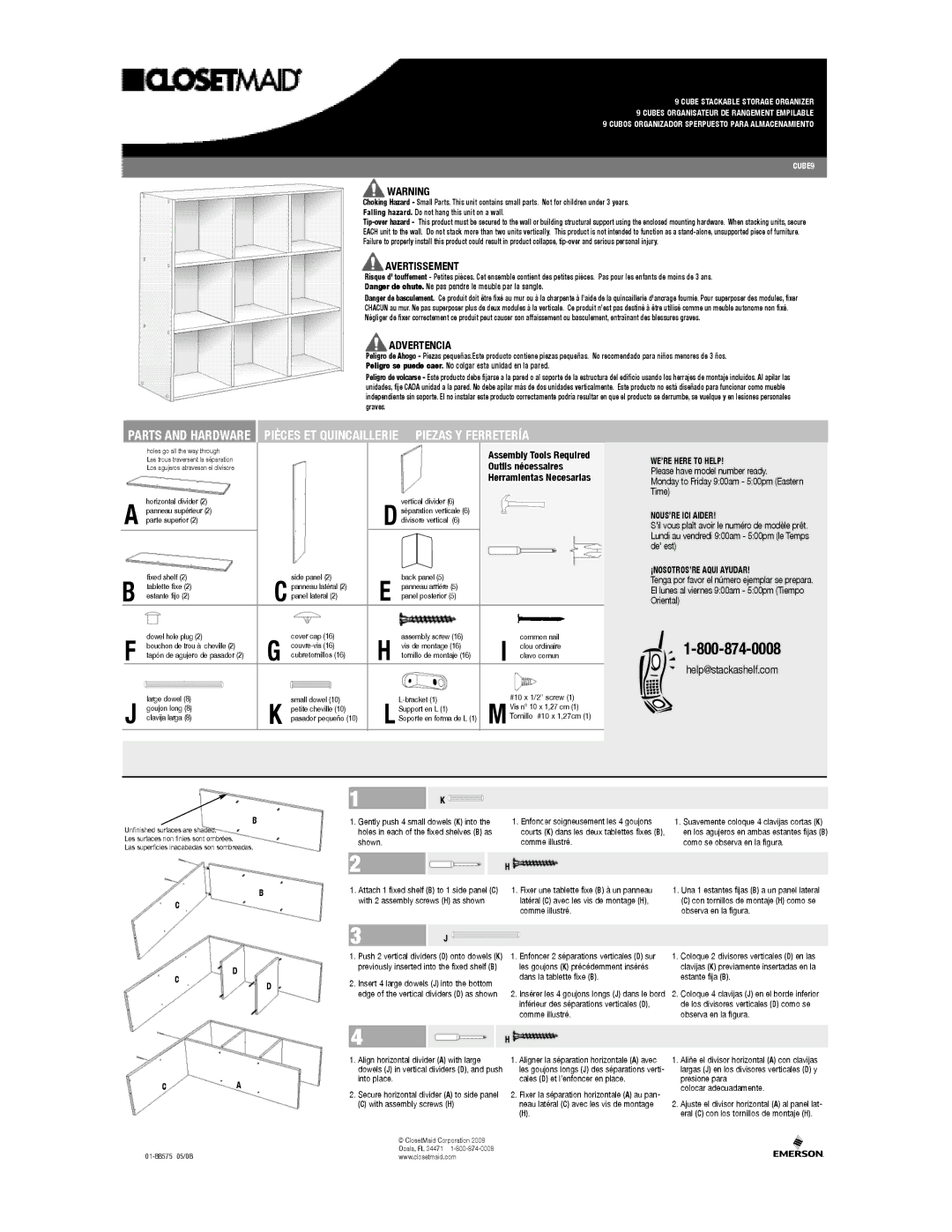 Closet Maid CUBE9 manual Avertissement, Advertencia, Assembly Tools Required, Outils dassemblage Herramientas Necesarias 