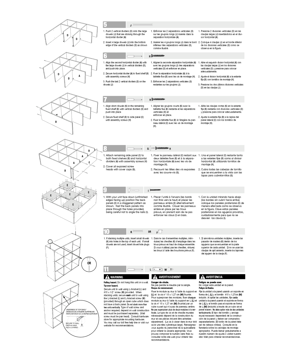 Closet Maid CUBE9 manual Deux tablettes fixes B et à la sépara, Ne pas pendre le meuble par la sangle 