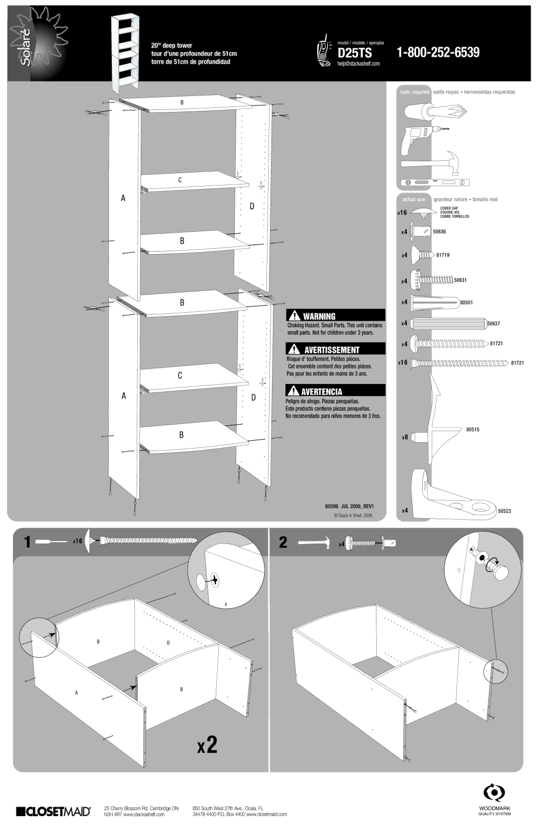 Closet Maid D25TS manual Avertissement, Avertencia, Risque d touffement. Petites pièces 