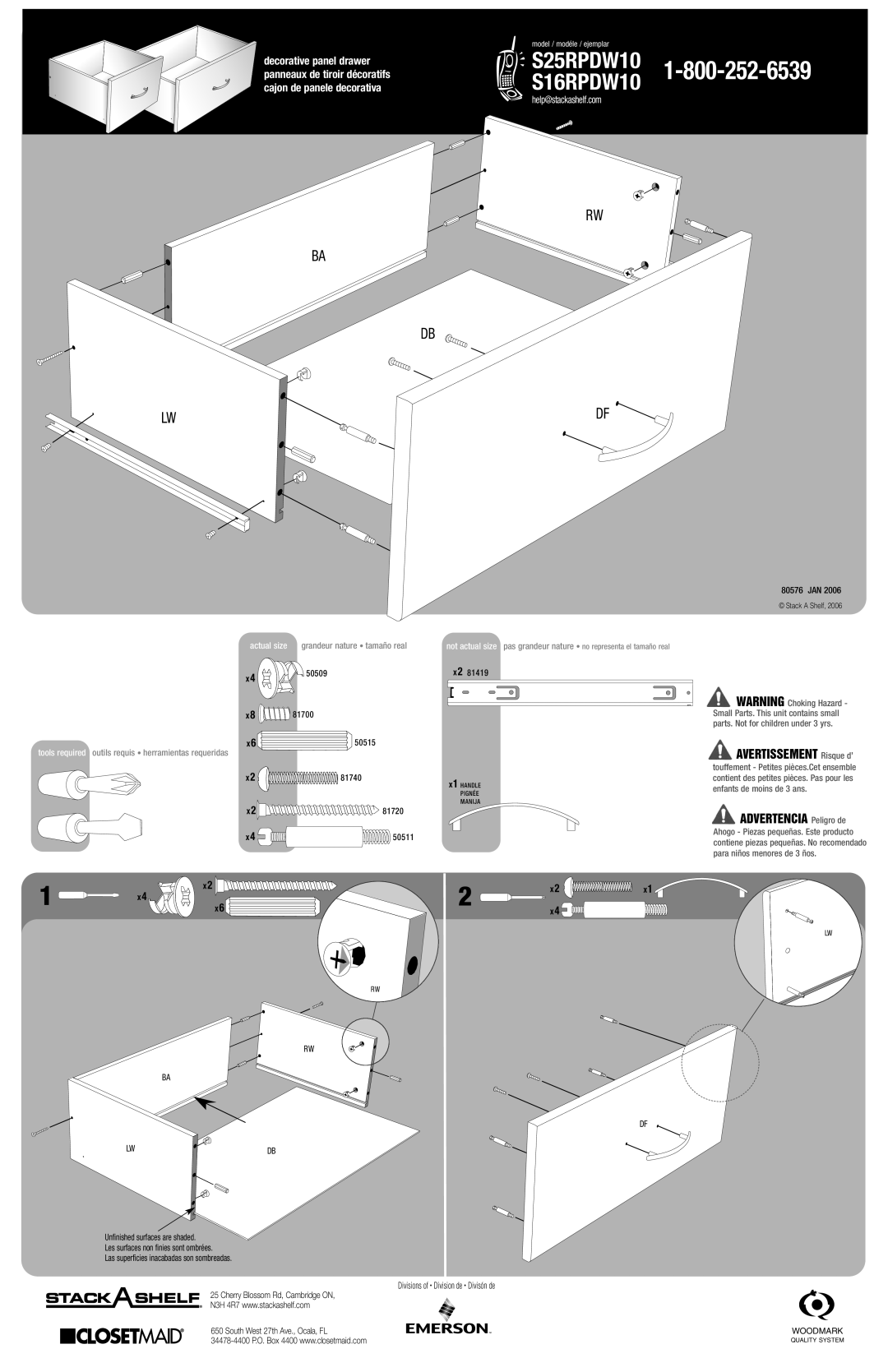 Closet Maid manual S25RPDW10S16RPDW10, Avertissement Risque d’, Advertencia Peligro de, Help@stackashelf.com 