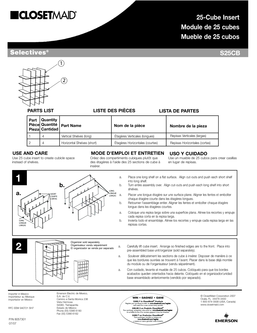 Closet Maid S25CB manual Parts List Liste DES Pièces Lista DE Partes, USE and Care Mode Demploi ET Entretien USO Y Cuidado 