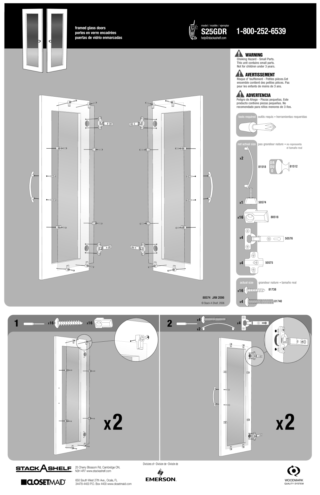 Closet Maid S25GDR manual Avertissement, Advertencia, Help@stackashelf.com, Actual size 