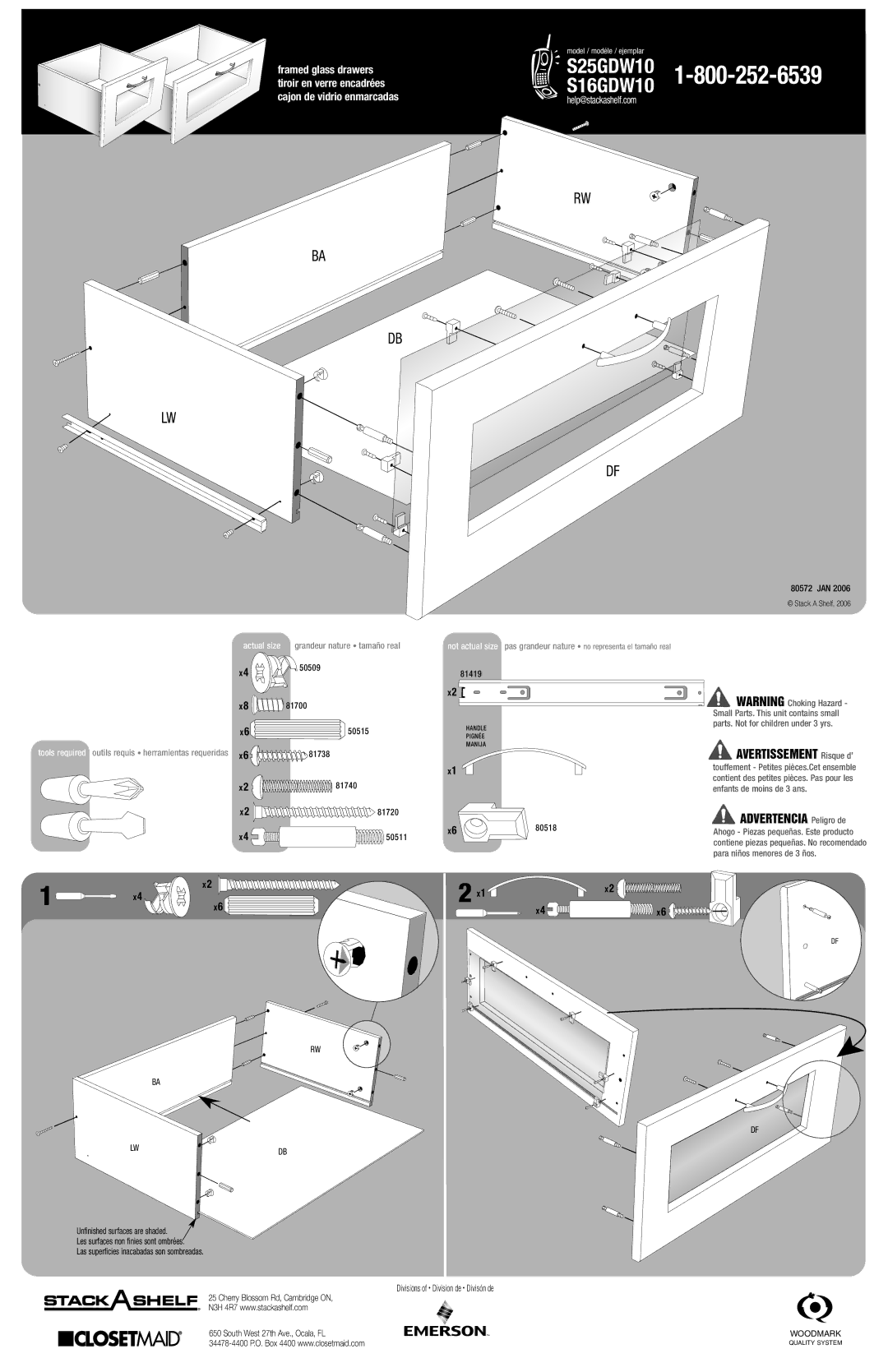 Closet Maid manual S25GDW10S16GDW10, Advertencia Peligro de, Avertissement Risque d’, Help@stackashelf.com, Actual size 