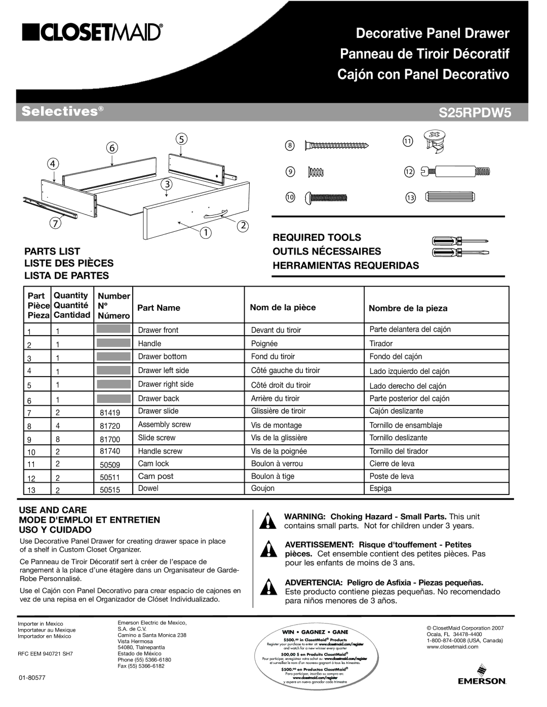 Closet Maid S25RPDW5 manual Part Quantity Number, Quantité Part Name Nom de la pièce Nombre de la pieza, Cantidad Número 