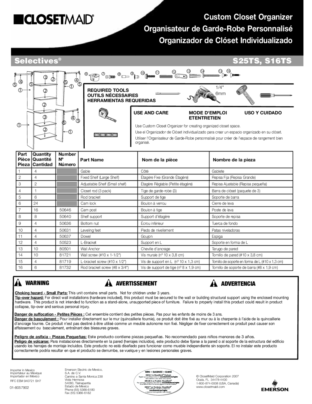 Closet Maid S16TS manual Avertissement Advertencia, Rod bracket screw #8 x 3/4, Tornillo de soporte de barra #8 x 1,9 cm 