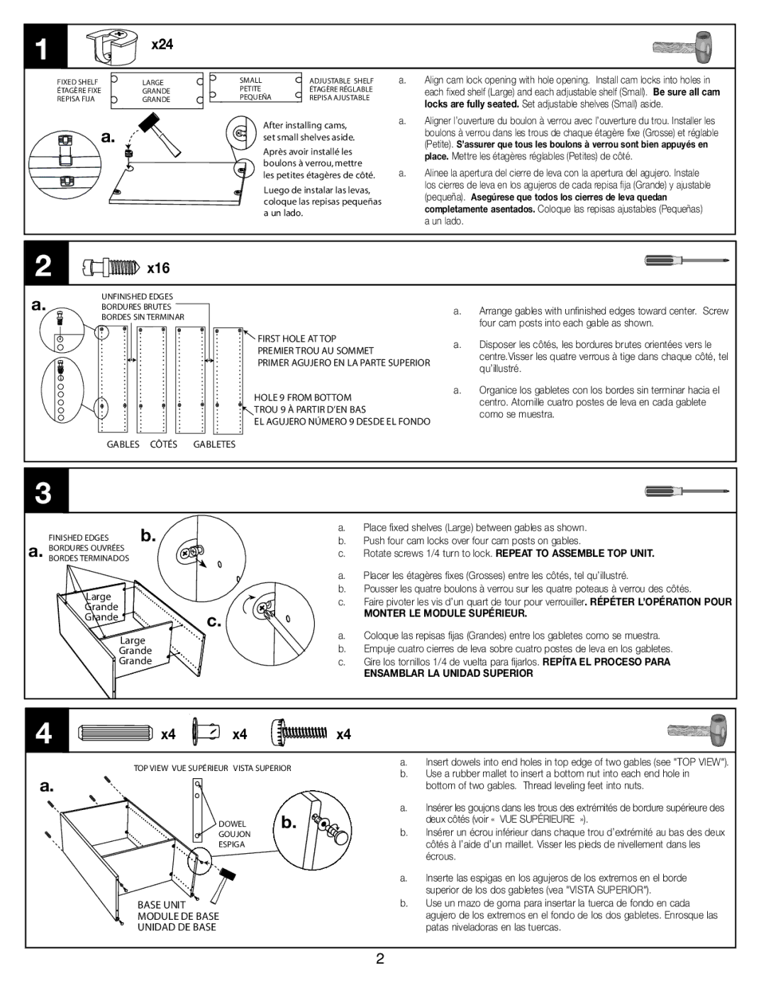 Closet Maid S25TS, S16TS manual Four cam posts into each gable as shown, Qu’illustré, Como se muestra 