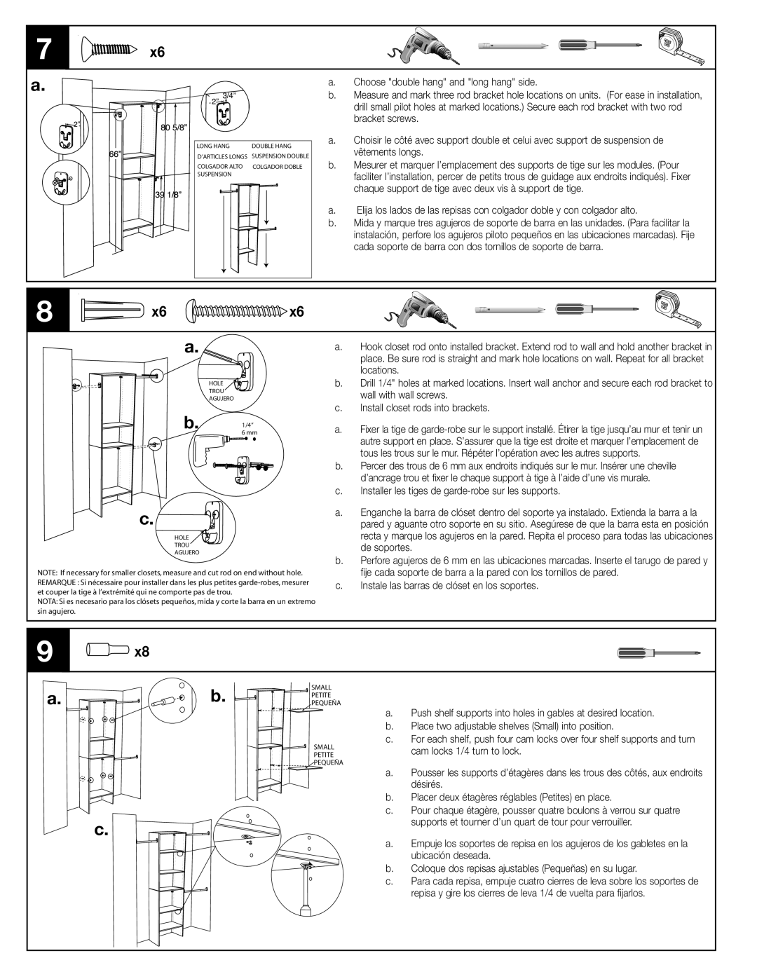 Closet Maid S25TS Choose double hang and long hang side, Bracket screws, Locations, Wall with wall screws, De soportes 