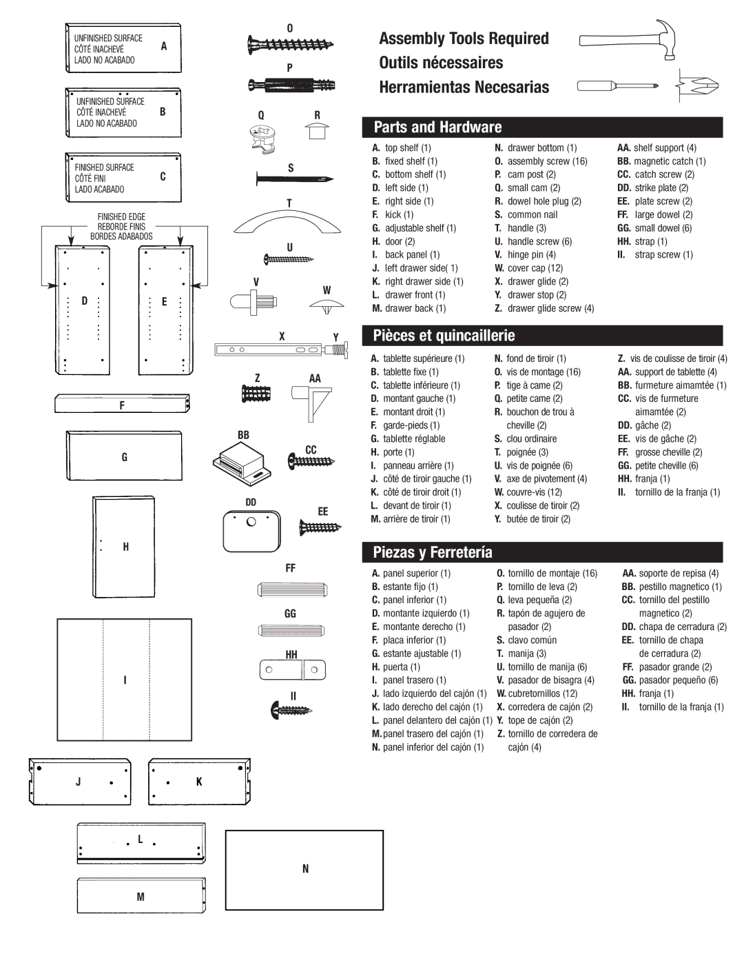 Closet Maid SO2DDW manual Parts and Hardware, Pièces et quincaillerie, Piezas y Ferretería 