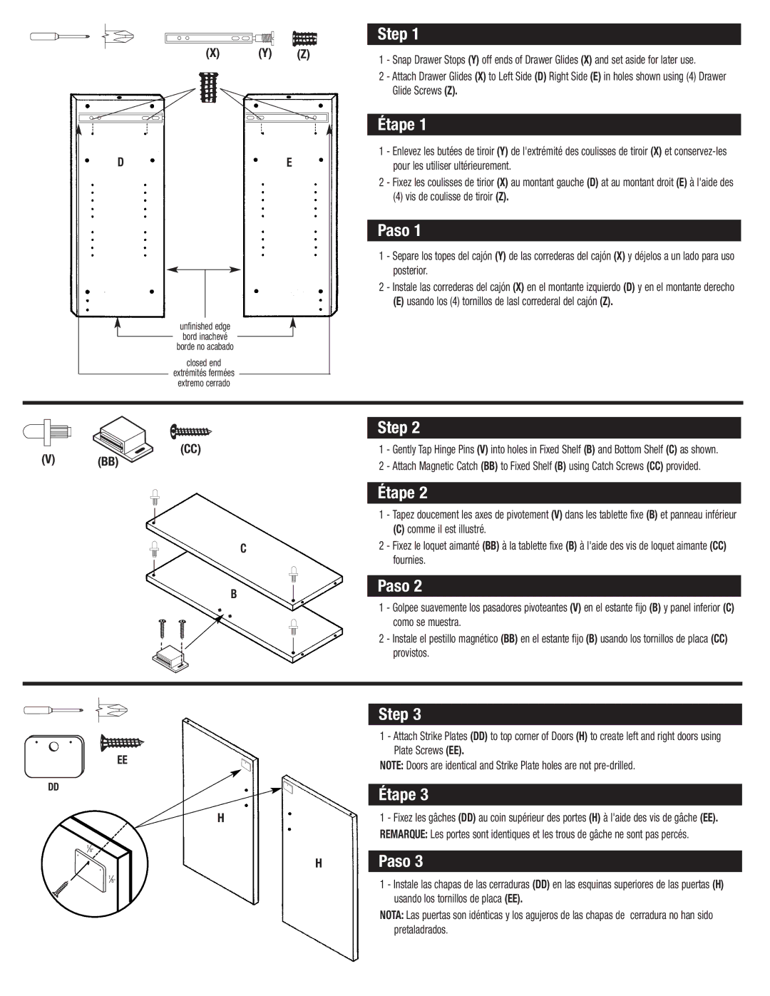 Closet Maid SO2DDW Step, Étape, Paso, Vis de coulisse de tiroir Z, Usando los 4 tornillos de lasl correderal del cajón Z 