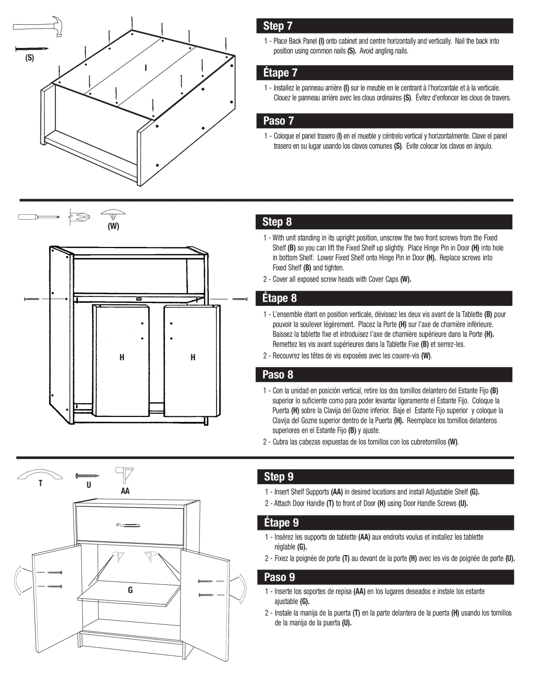 Closet Maid SO2DDW Fixed Shelf B and tighten, Cover all exposed screw heads with Cover Caps W, Réglable G, Ajustable G 