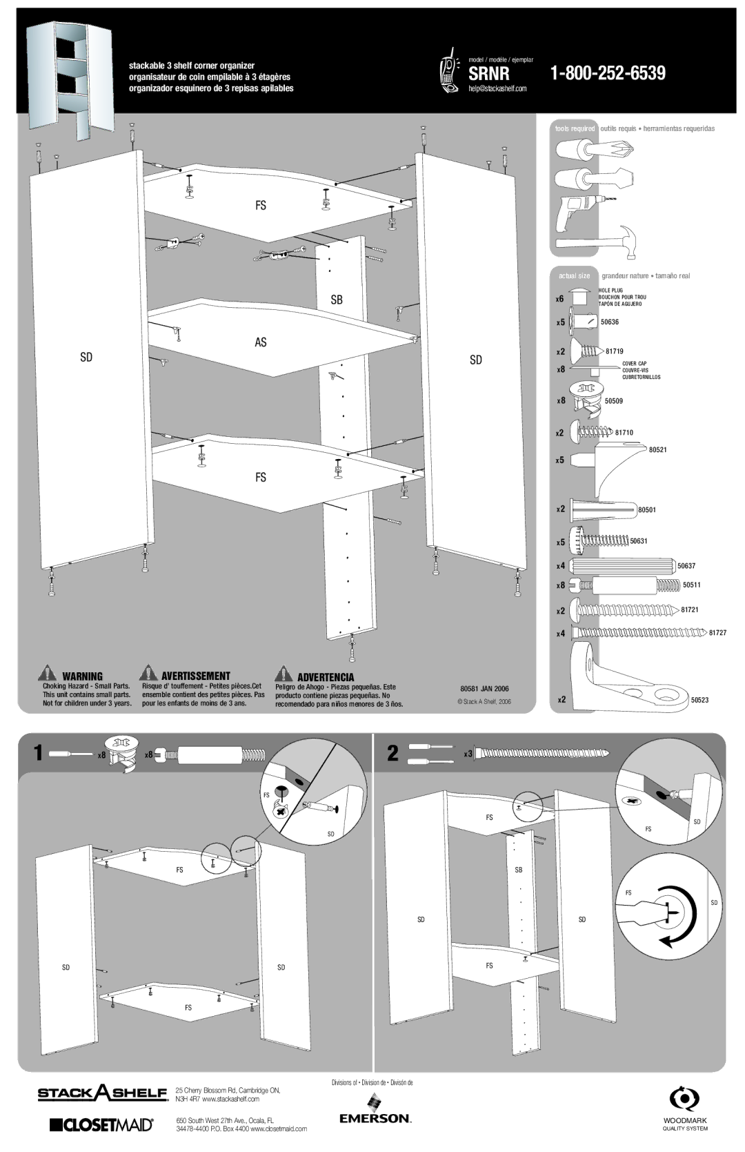 Closet Maid SRNR manual Srnr, Avertissement Advertencia 