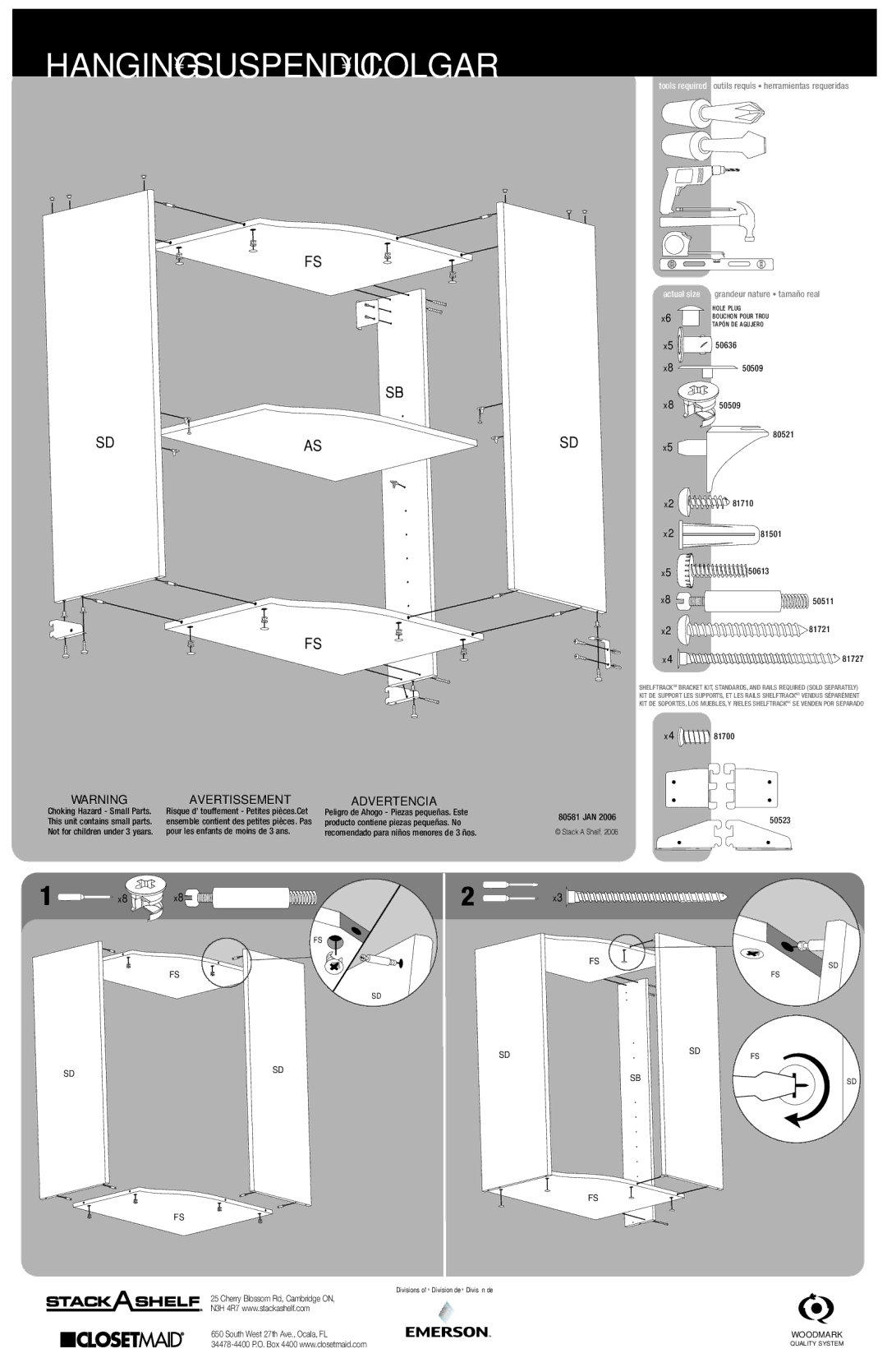 Closet Maid SRNR manual Hanging Suspendu Colgar, Avertissement 