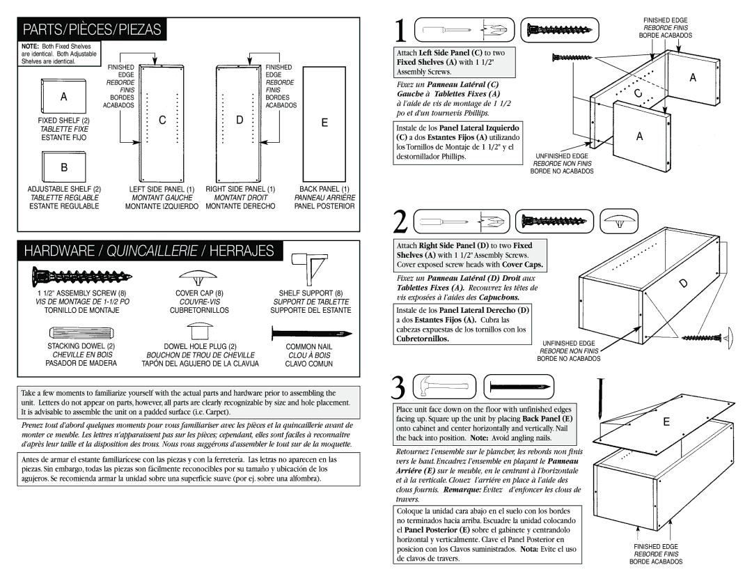 Closet Maid SSO Parts/Pièces/Piezas, Hardware / Quincaillerie / Herrajes, Fixez un Panneau Latéral D Droit aux 