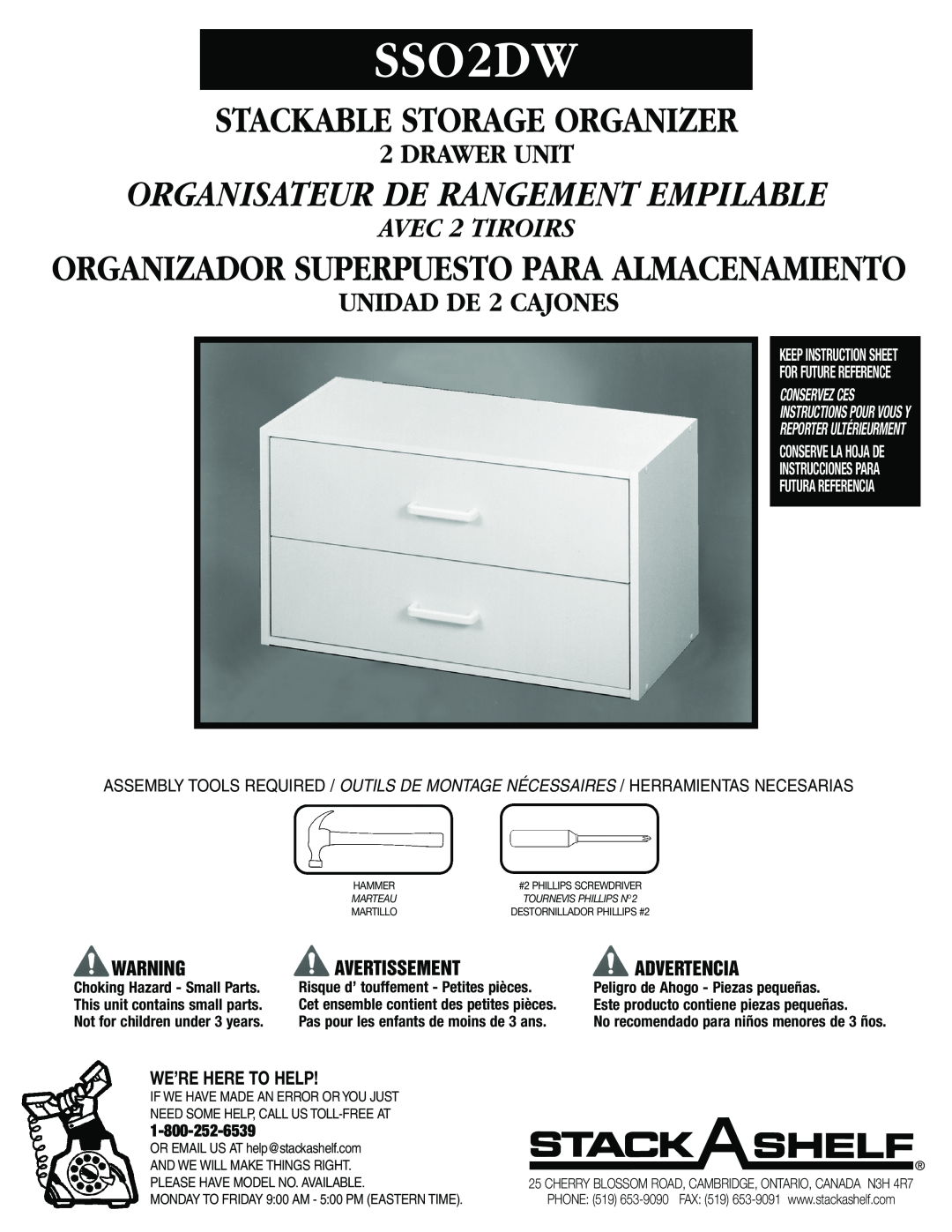 Closet Maid SSO2DW instruction sheet Stackable Storage Organizer, Organisateur De Rangement Empilable, Drawer Unit, Hammer 