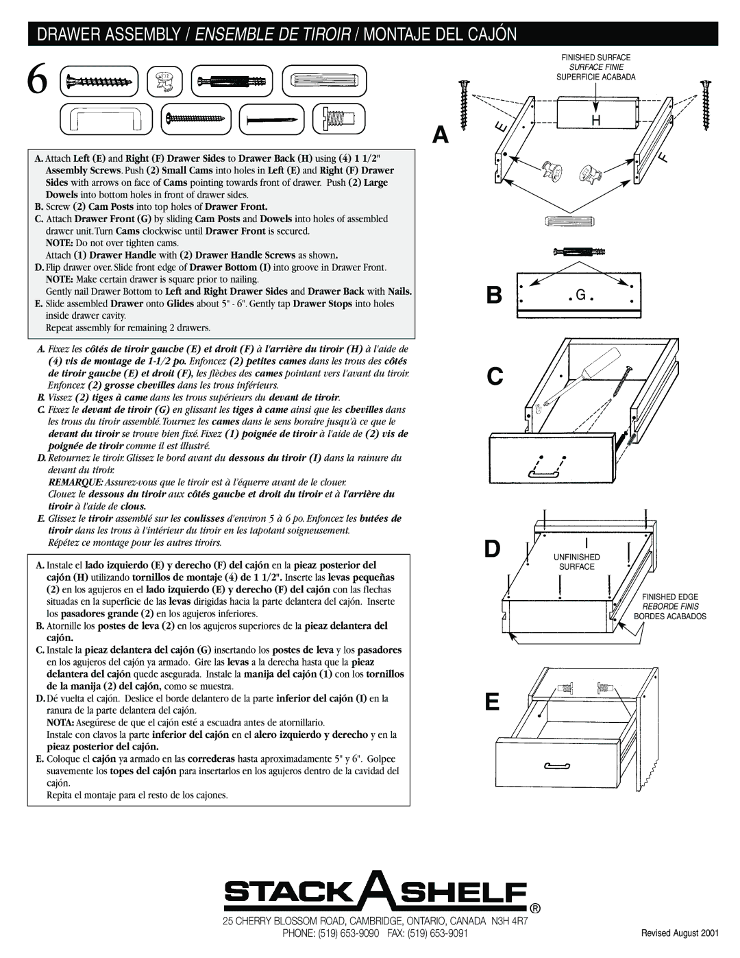 Closet Maid SSO3DW instruction sheet Drawer Assembly / Ensemble DE Tiroir / Montaje DEL Cajón 