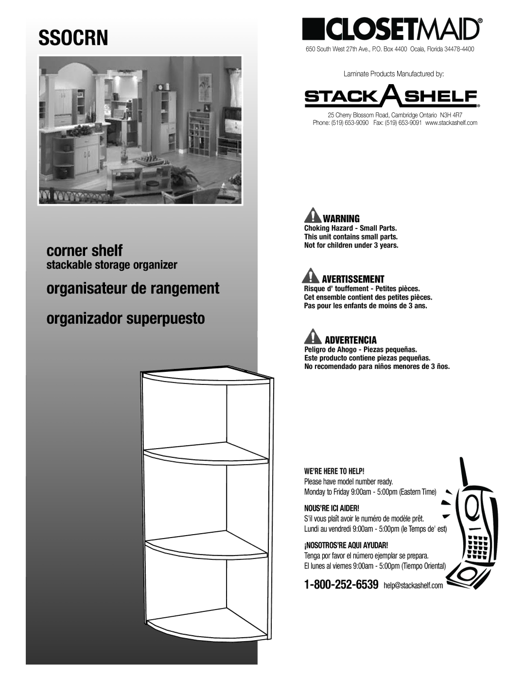 Closet Maid SSOCRN manual Ssocrn, Corner shelf, Organisateur de rangement Organizador superpuesto, Avertissement 