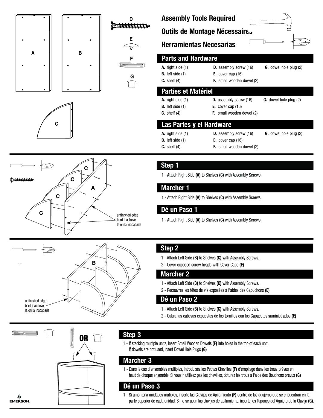 Closet Maid SSOCRN manual Parts and Hardware, Parties et Matériel, Las Partes y el Hardware, Step, Marcher, Dé un Paso 