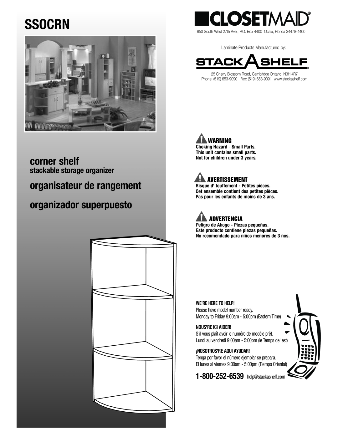 Closet Maid SSOCRN manual stackable storage organizer, Ssocrn, corner shelf, Avertissement, Advertencia, Nous’Re Ici Aider 