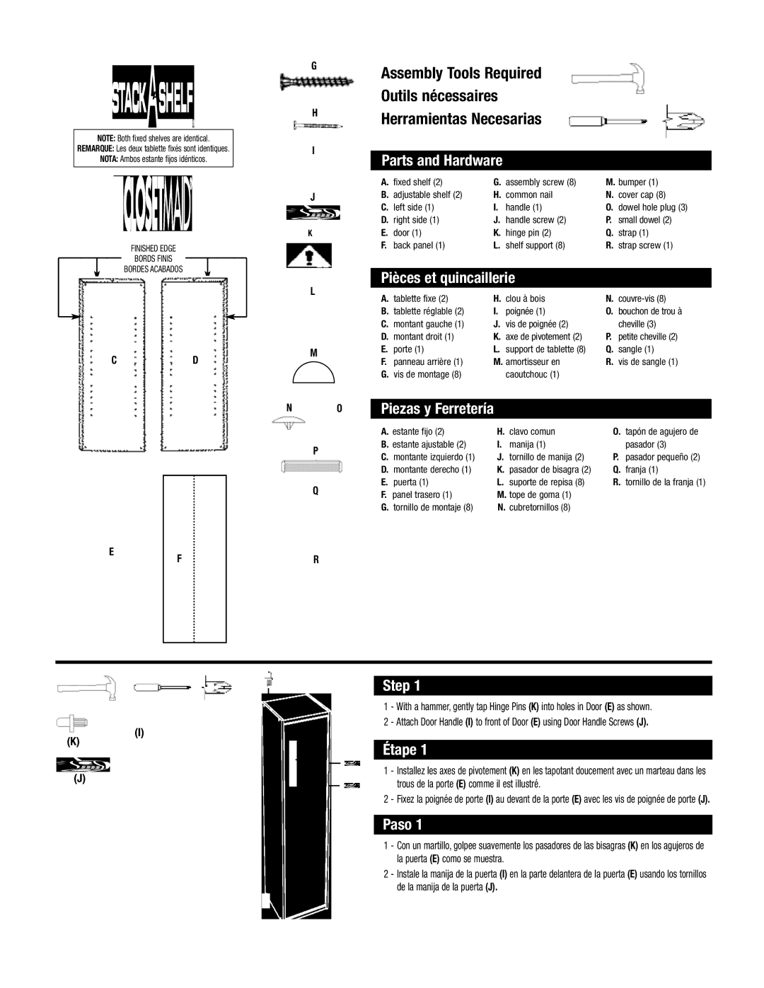 Closet Maid SSODR manual Assembly Tools Required 