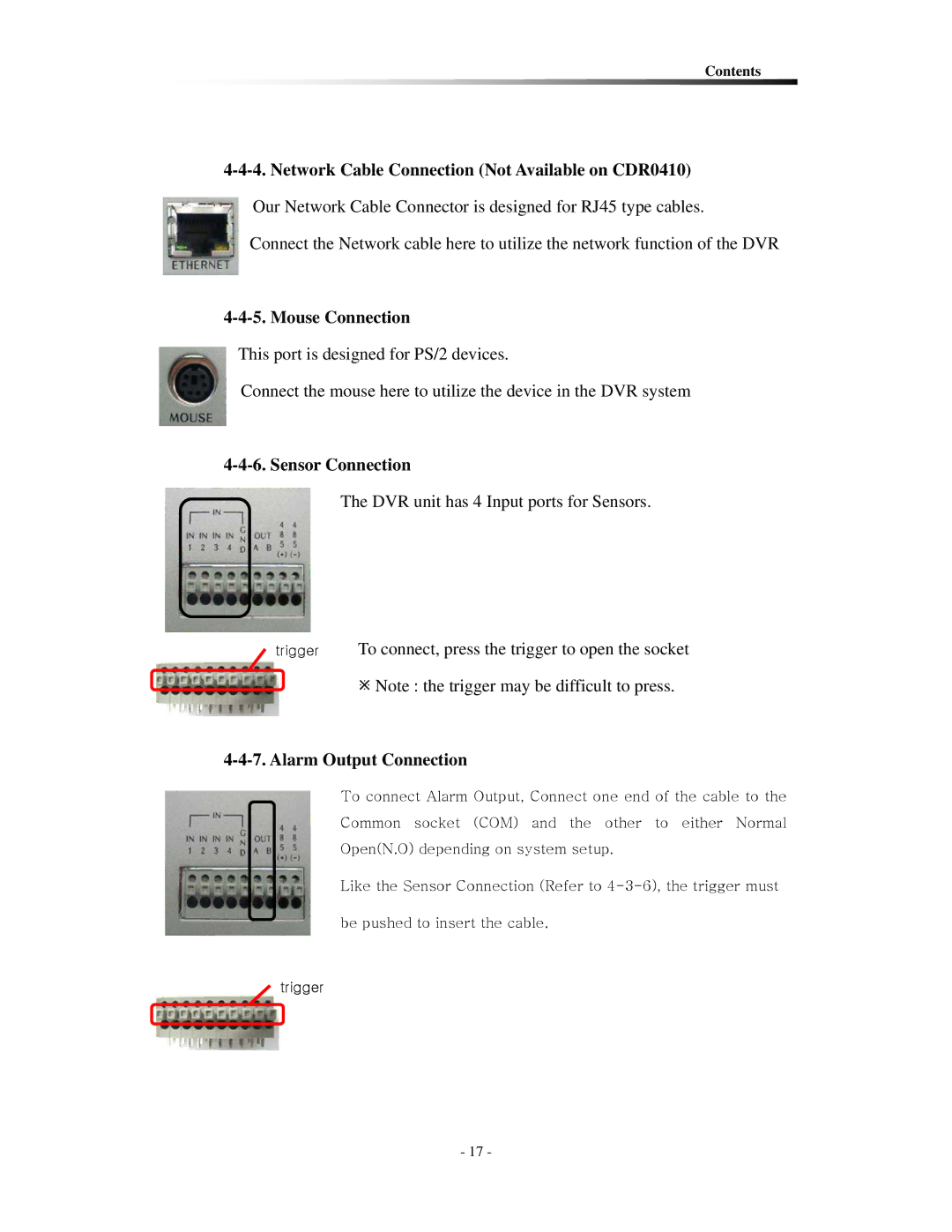 Clover Electronics CDR0430 Network Cable Connection Not Available on CDR0410, Mouse Connection, Sensor Connection 