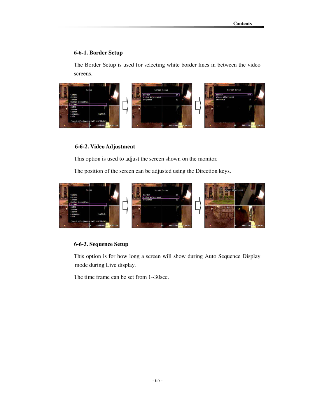 Clover Electronics CDR0410, CDR0430 instruction manual Border Setup, Video Adjustment, Sequence Setup 