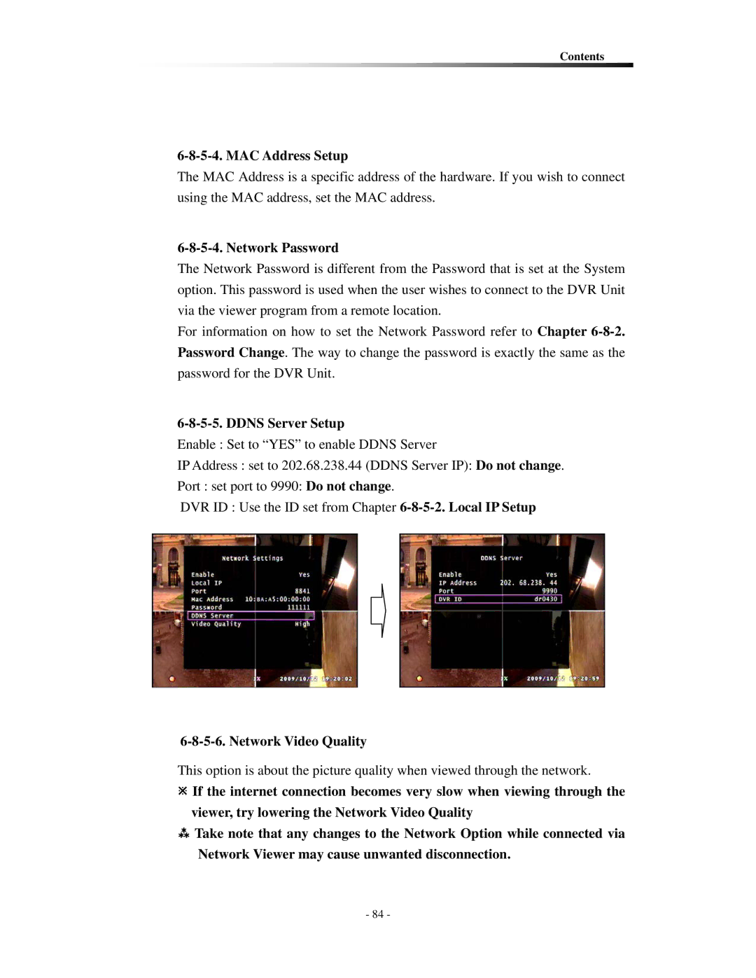 Clover Electronics CDR0430, CDR0410 MAC Address Setup, Network Password, Ddns Server Setup, Network Video Quality 