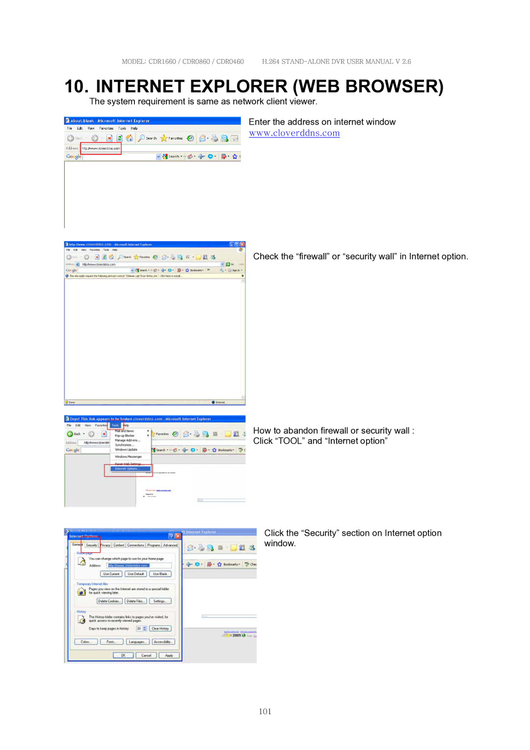 Clover Electronics CDR0460, CDR0860, CDR1660 manual Internet Explorer WEB Browser 