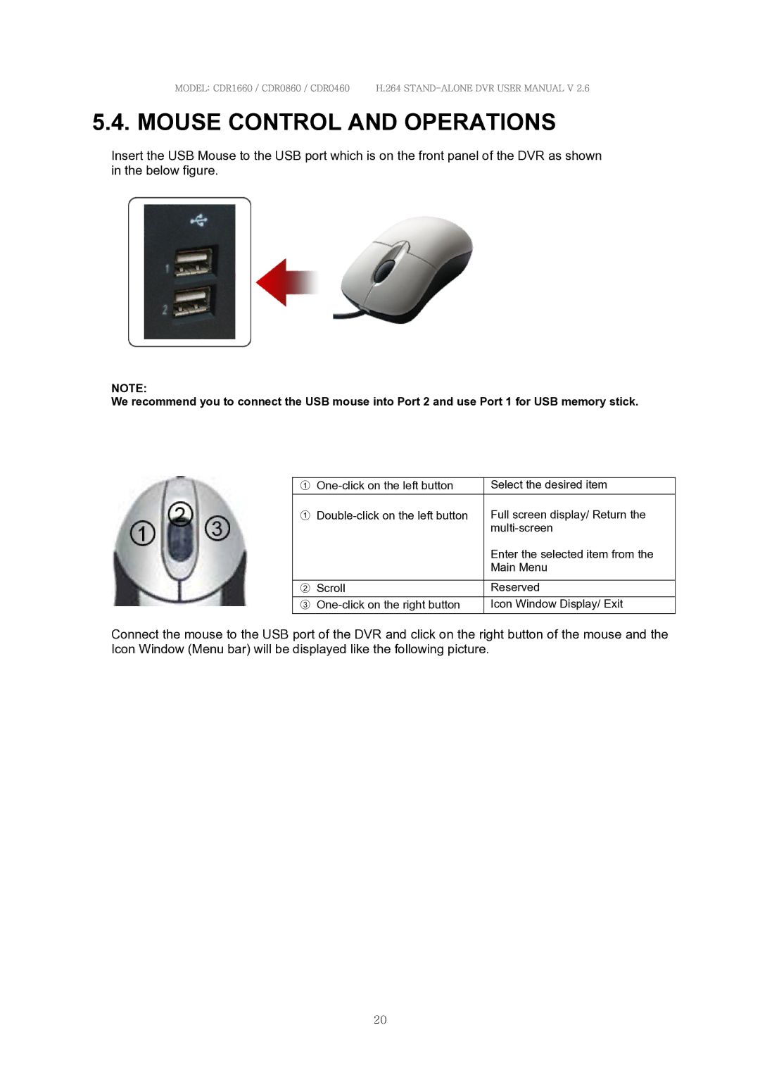 Clover Electronics CDR0460, CDR0860, CDR1660 manual Mouse Control and Operations 