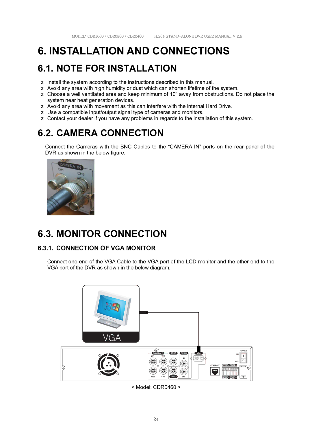 Clover Electronics CDR0860 Installation and Connections, Camera Connection, Monitor Connection, Connection of VGA Monitor 