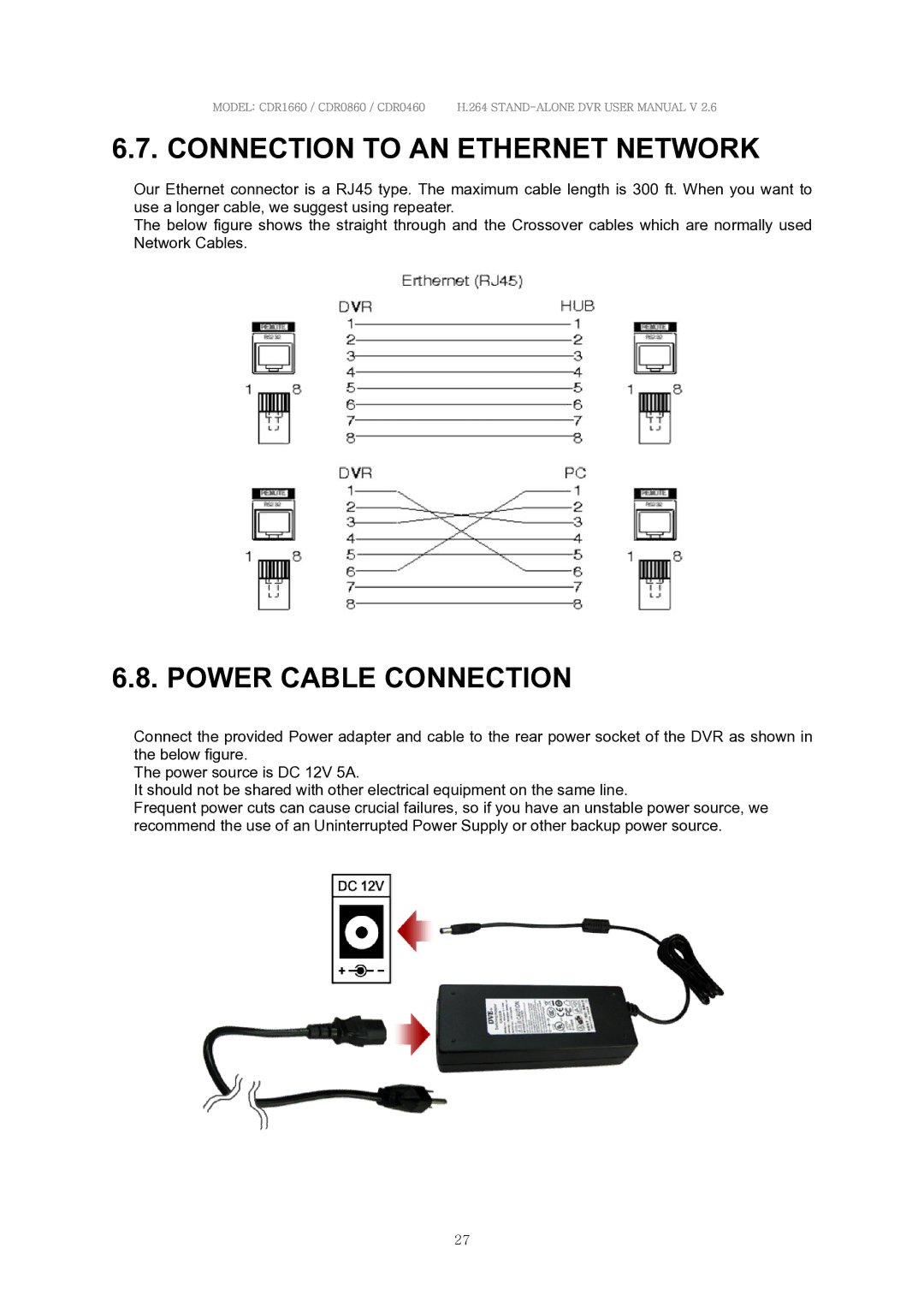 Clover Electronics CDR0860, CDR1660, CDR0460 manual Connection to AN Ethernet Network, Power Cable Connection 