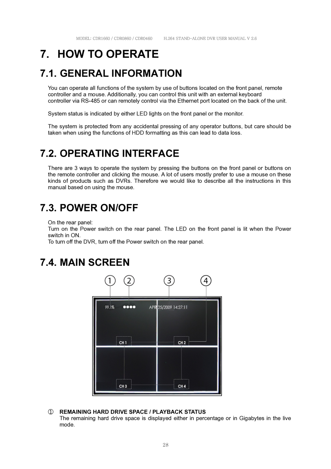 Clover Electronics CDR1660, CDR0860 HOW to Operate, General Information, Operating Interface, Power ON/OFF, Main Screen 