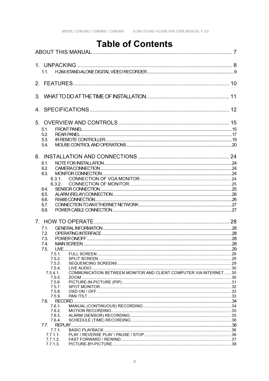 Clover Electronics CDR0860, CDR1660, CDR0460 manual Table of Contents 