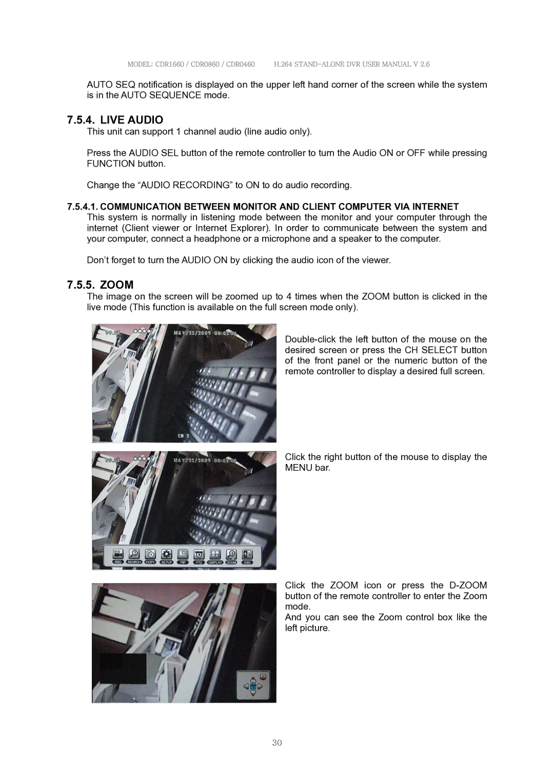 Clover Electronics CDR0860, CDR1660, CDR0460 manual Live Audio, Zoom 