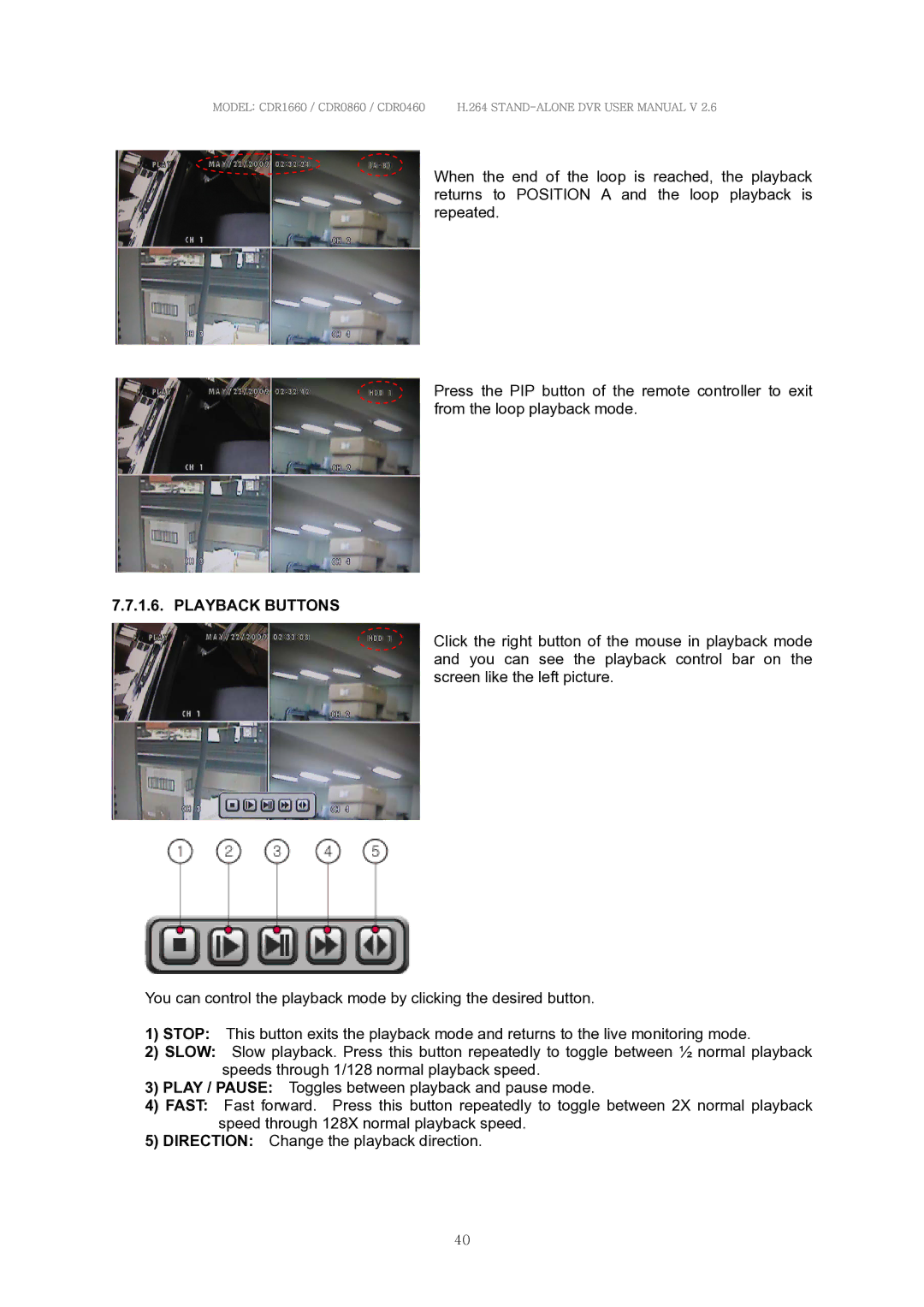 Clover Electronics CDR1660, CDR0860, CDR0460 manual Playback Buttons 