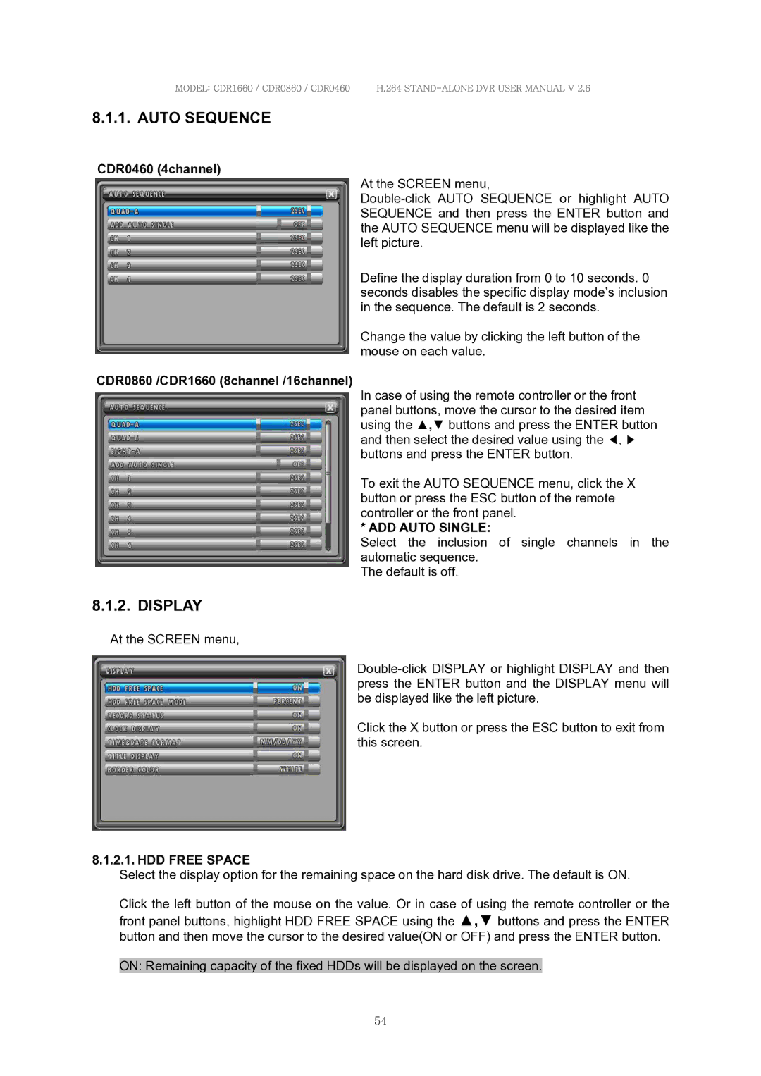 Clover Electronics manual Auto Sequence, Display, CDR0860 /CDR1660 8channel /16channel, ADD Auto Single, HDD Free Space 