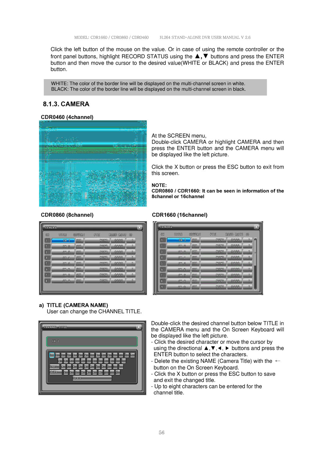 Clover Electronics CDR0460 manual CDR0860 8channel CDR1660 16channel Title Camera Name 