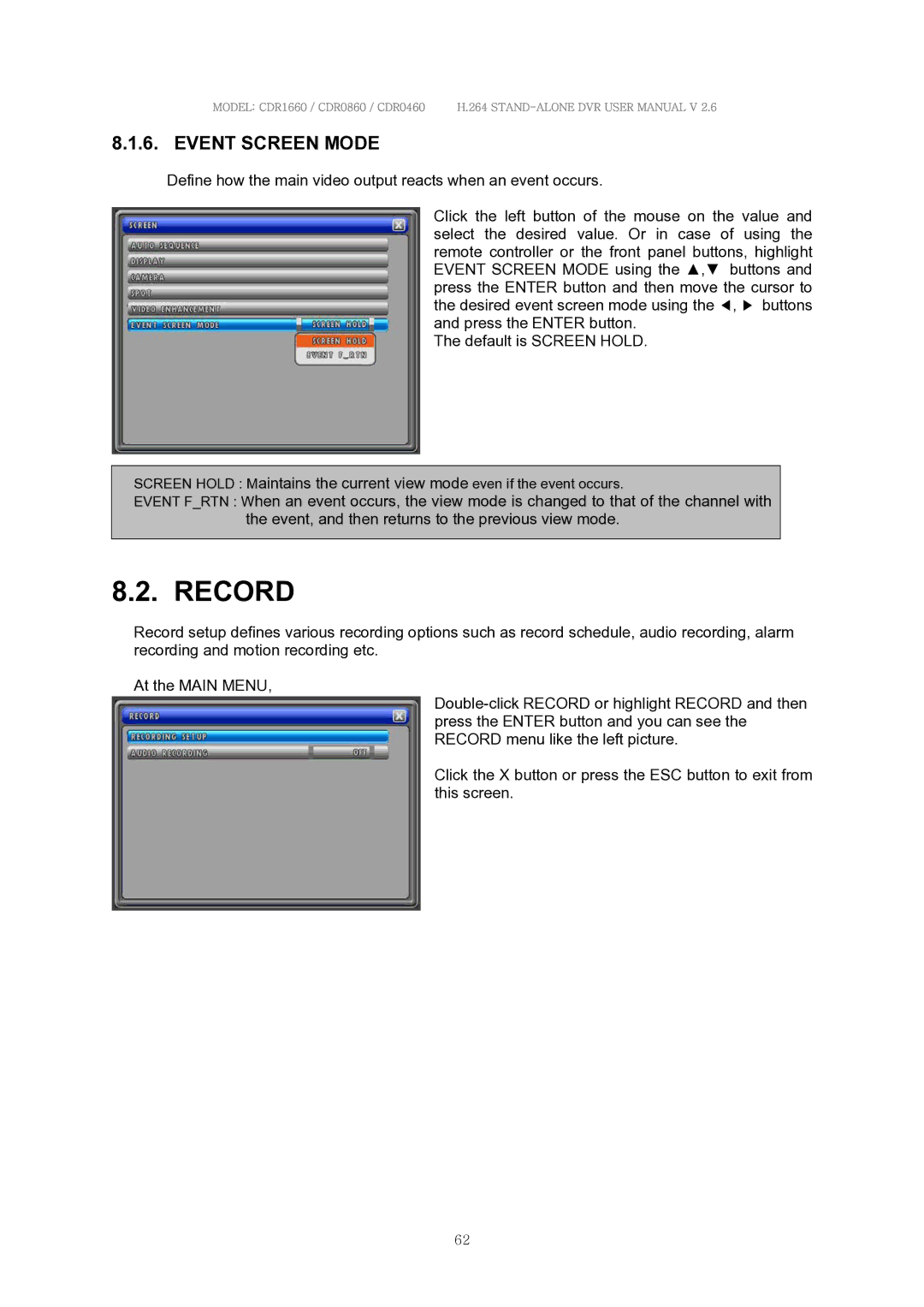 Clover Electronics CDR0460, CDR0860, CDR1660 manual Record, Event Screen Mode 