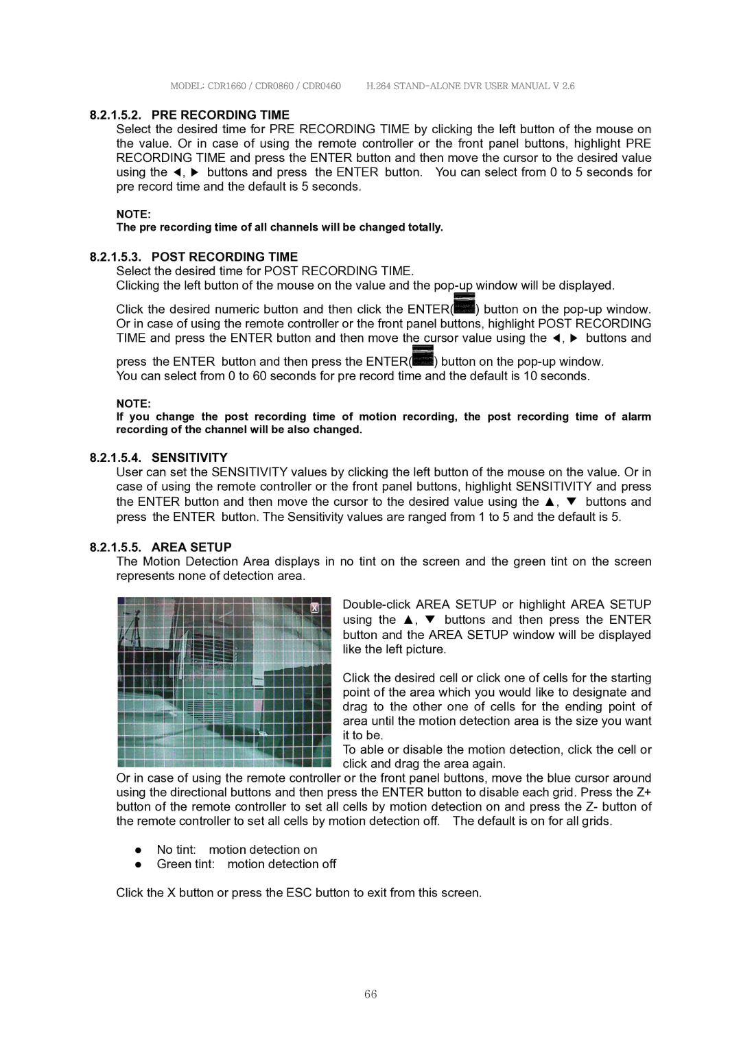 Clover Electronics CDR0860, CDR1660, CDR0460 manual PRE Recording Time, Post Recording Time, Sensitivity, Area Setup 