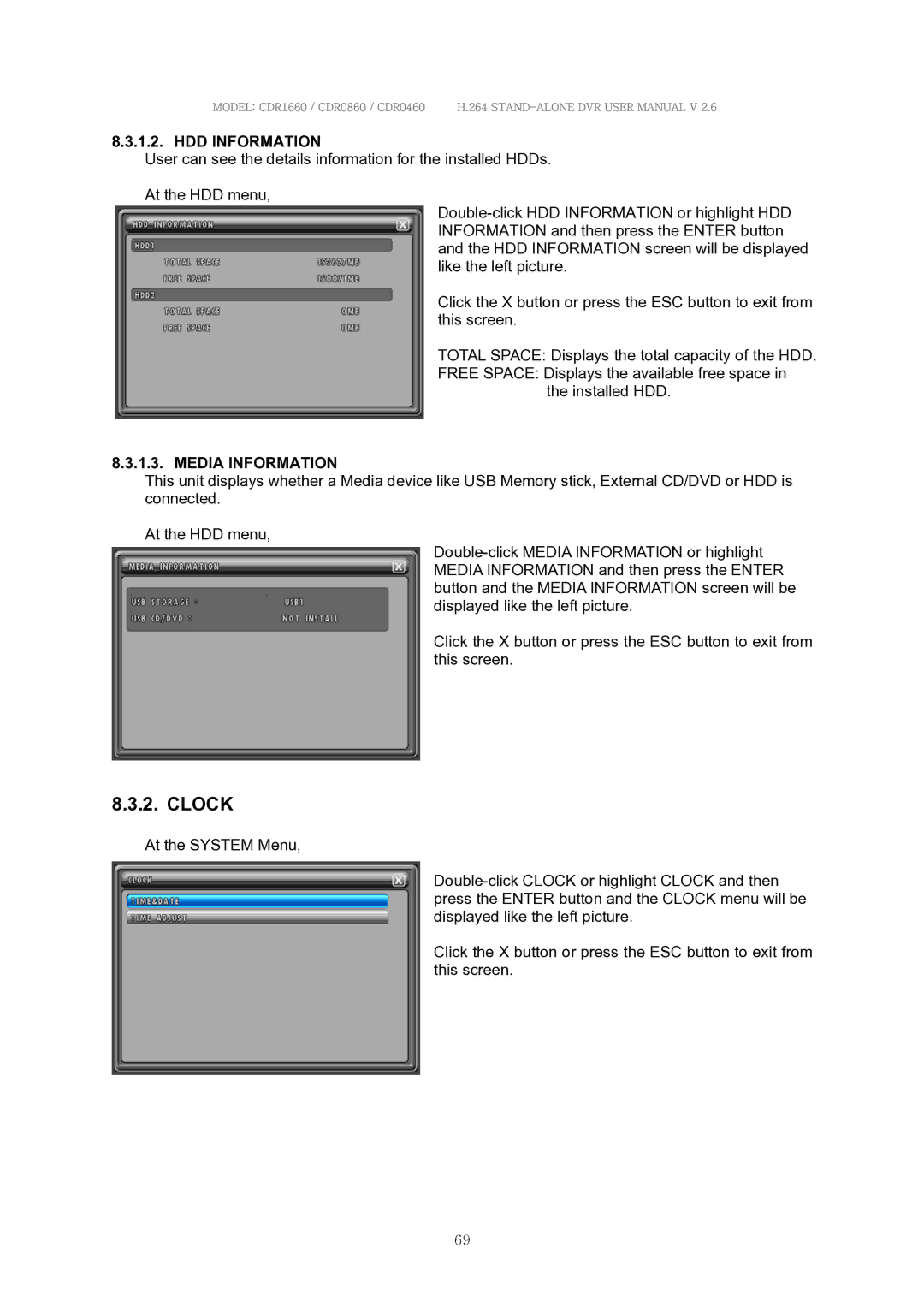 Clover Electronics CDR0860, CDR1660, CDR0460 manual Clock, HDD Information, Media Information 