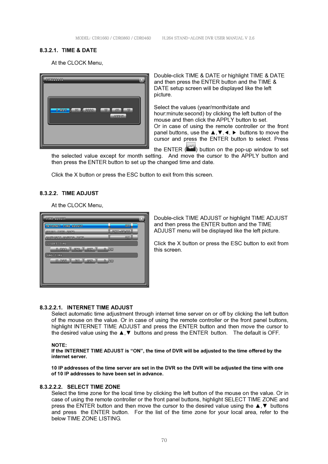 Clover Electronics CDR1660, CDR0860, CDR0460 manual Time & Date, Internet Time Adjust, Select Time Zone 