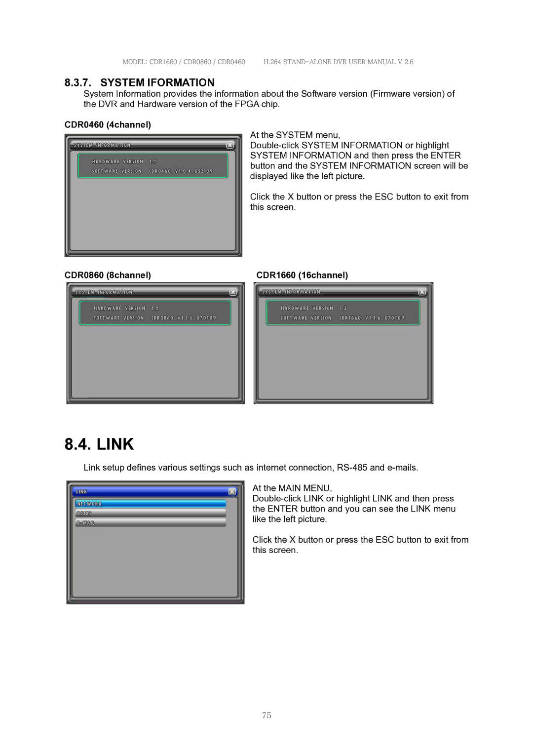 Clover Electronics CDR0860, CDR1660, CDR0460 manual Link, System Iformation 