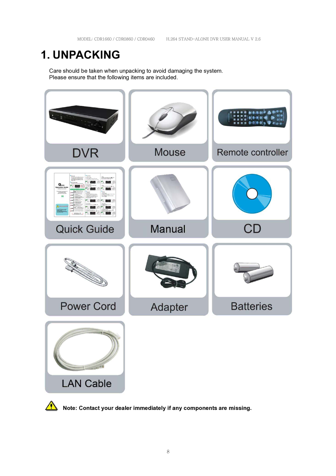 Clover Electronics CDR0460, CDR0860, CDR1660 manual Unpacking 