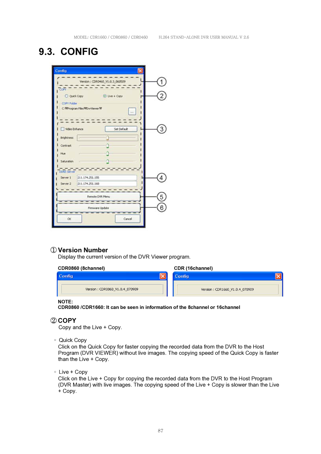 Clover Electronics CDR0860, CDR1660, CDR0460 manual Config, ① Version Number, ② Copy 