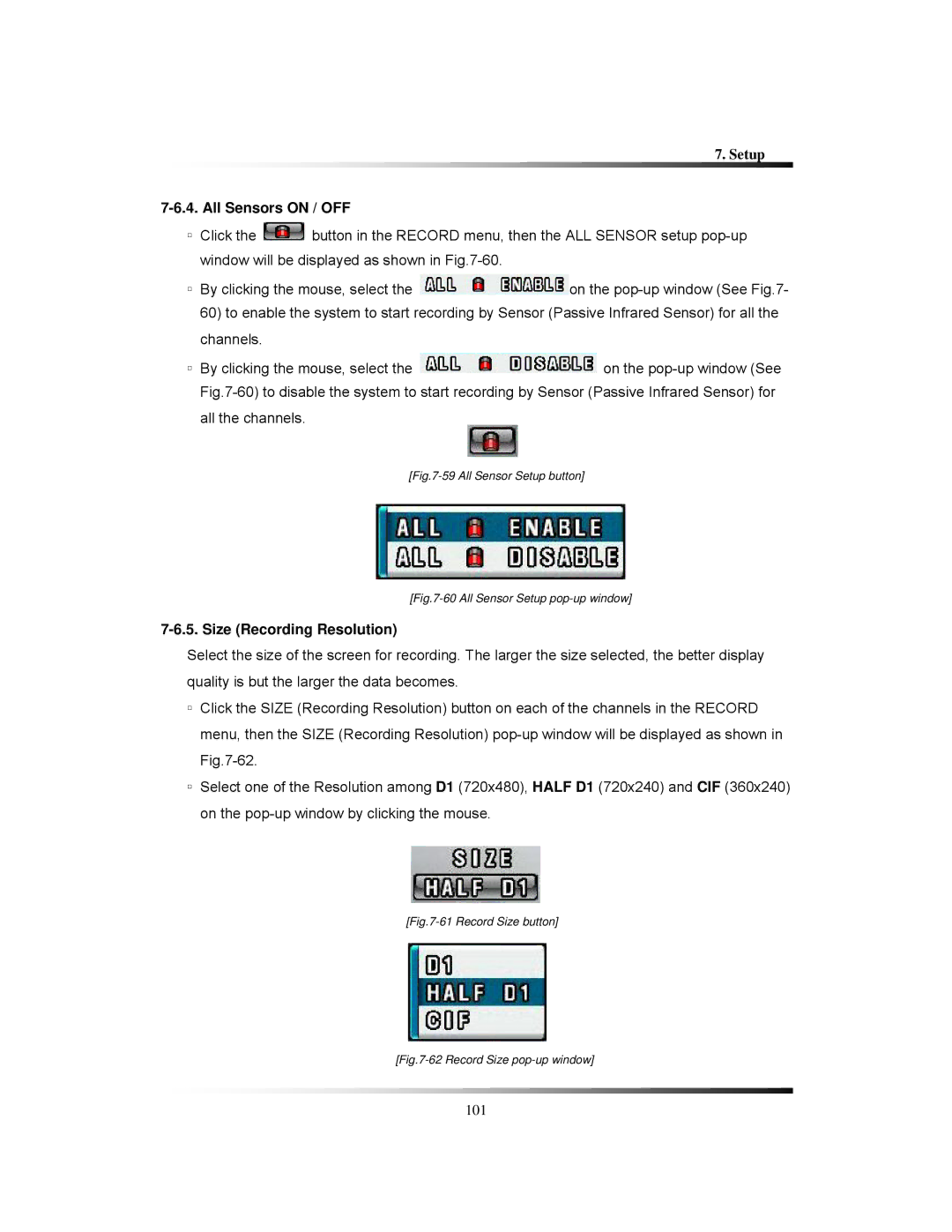 Clover Electronics CDR1650 instruction manual All Sensors on / OFF, Size Recording Resolution 